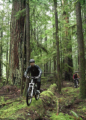 Local hero Sam Whittingham on the mountain bike trails of Quadra Island, BC