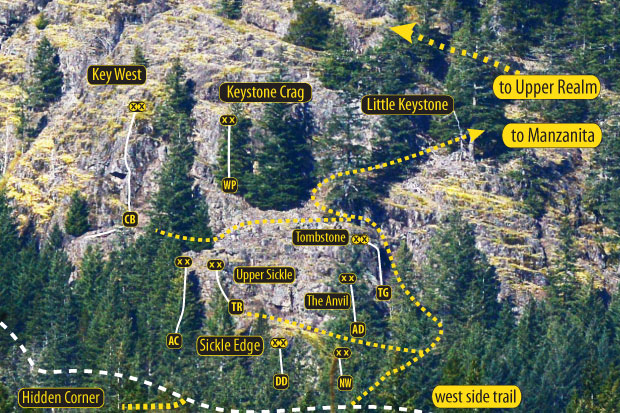 Sickle-Keystone Overview, rock climbing Quadra Island, BC