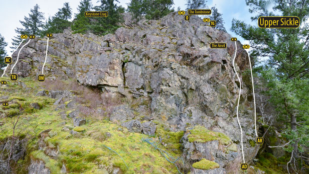 Upper Sickle Wall, rock climbing Quadra Island, BC